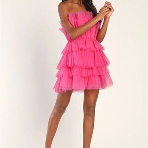 Lulus Tulle Intentions Hot Pink Strapless Tiered Tulle Mini Dress